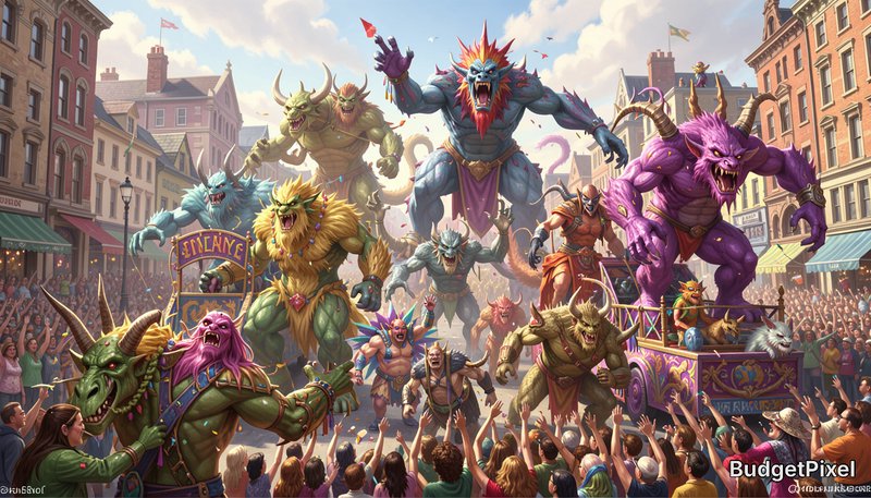 Colorful fantasy monsters marching through a sunny city parade with a cheering crowd.