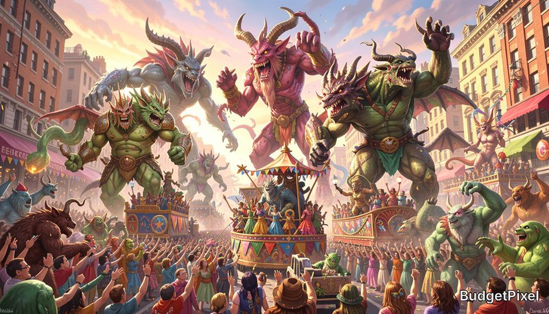 Colorful fantasy parade in a city street with giant dragons and ogre-like monsters towering over ...
