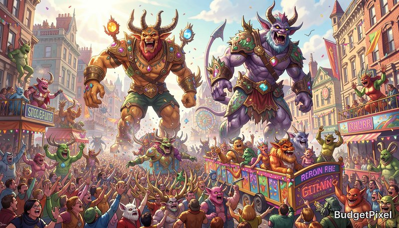 Epic fantasy parade with two towering horned monsters marching through a colorful city street.