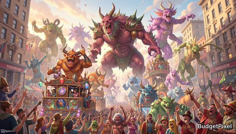 Colorful fantasy parade with giant monsters rampaging through a city street.