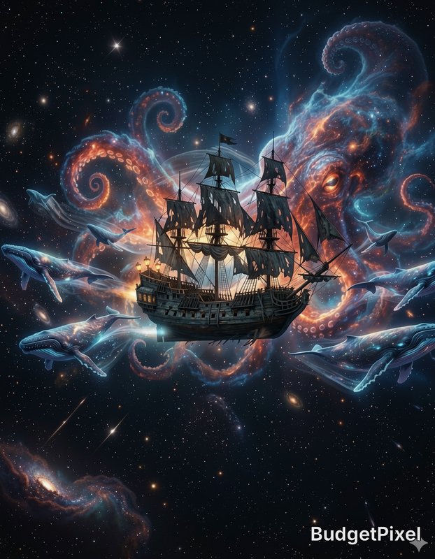 Sailing ship drifting through a cosmic swirl with whales and nebulae in space.