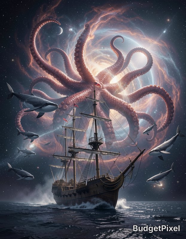Old sailing ship battling a colossal tentacled monster in space above the sea.