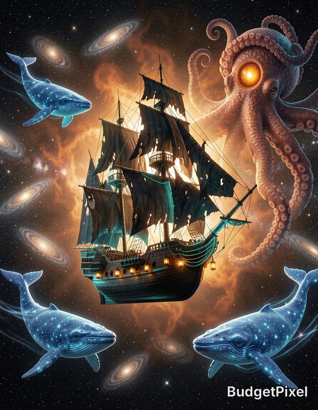 Pirate ship in space surrounded by a glowing octopus and two blue whales, with galaxies in the ba...