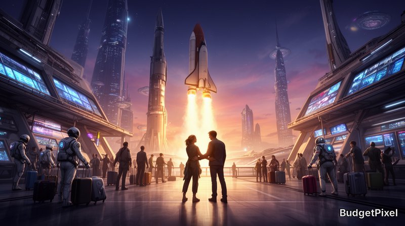 A couple shakes hands in a futuristic spaceport as rockets launch behind them.