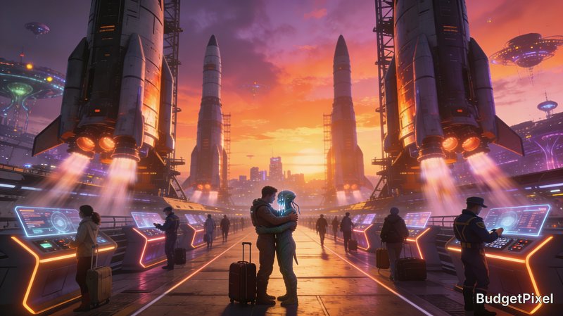 Futuristic spaceport scene with towering rockets, neon consoles, and travelers at sunset.
