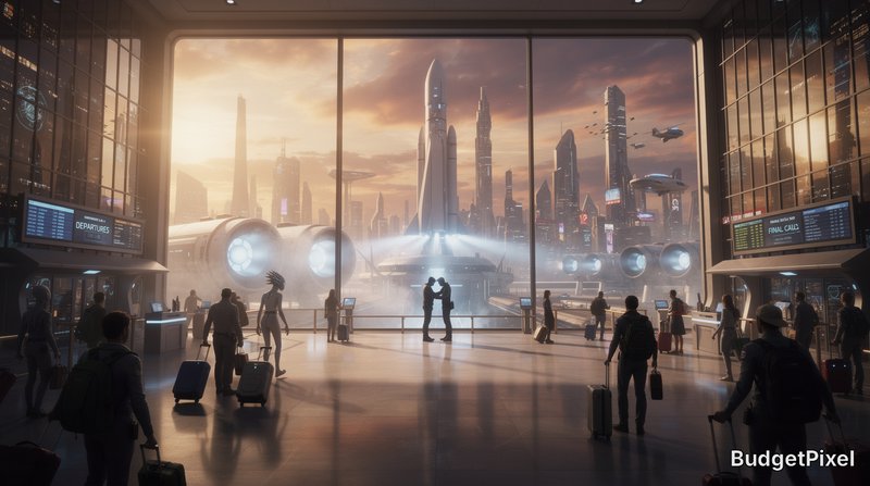 Futuristic airport terminal at sunset with travelers and a neon-lit city skyline outside.