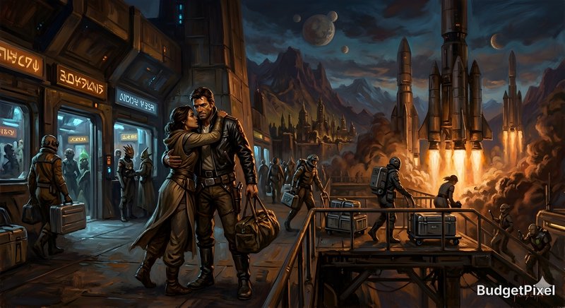 Couple embracing at a neon-lit sci-fi spaceport with rockets launching in the background.