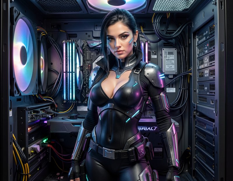 Futuristic cyberpunk woman in glowing sci-fi armor stands inside an open RGB gaming PC case