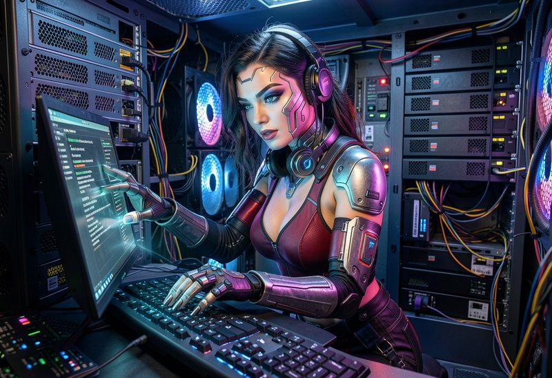 [Cybernetic cyberpunk female hacker interacts with a holographic monitor in a neon-lit server room]