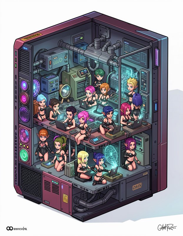 Isometric anime cutaway illustration of tiny elf technician characters working inside a glowing RGB custom gaming PC case.