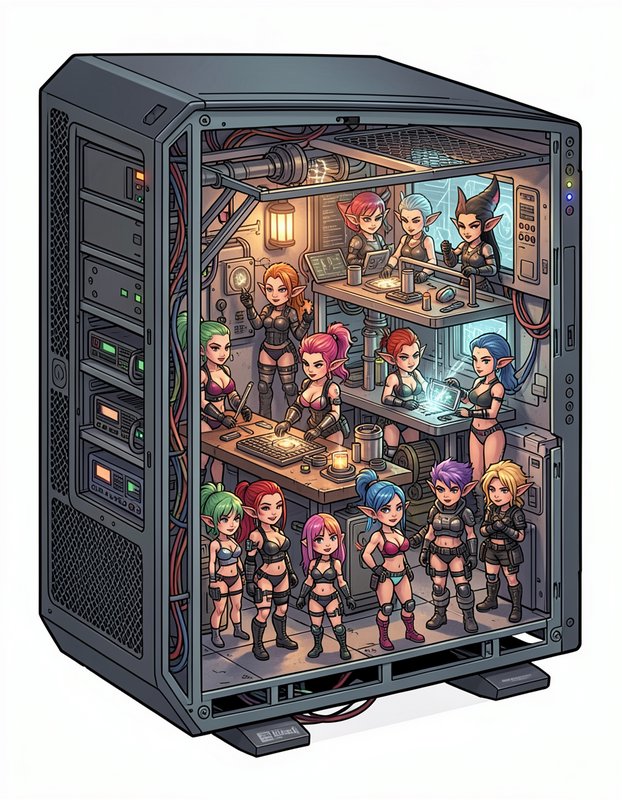 Cutaway desktop PC case illustration showing tiny fantasy elf characters working inside the compu...