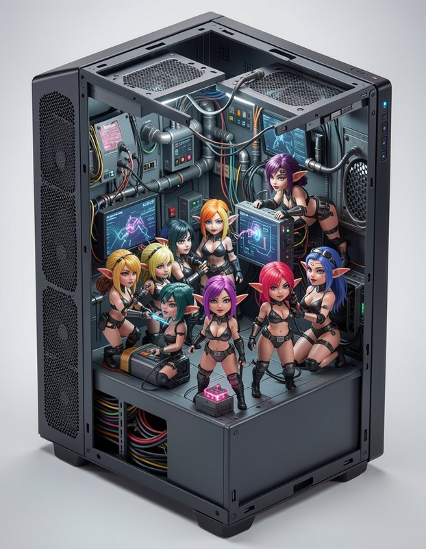 [3D diorama of tiny chibi elf technician figures working inside an open modern desktop gaming PC case]