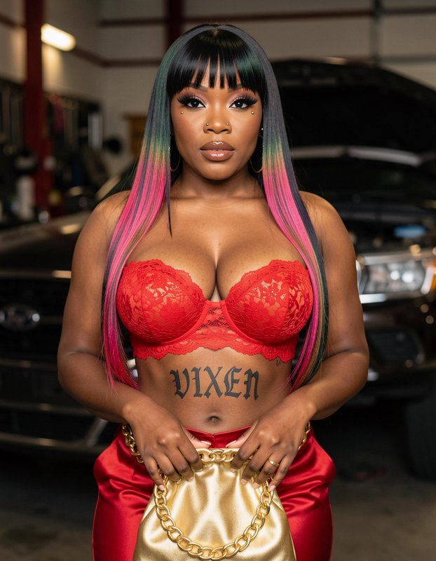 Confident Black woman with rainbow gradient hair, red lace bralette, VIXEN tattoo holding a gold ...