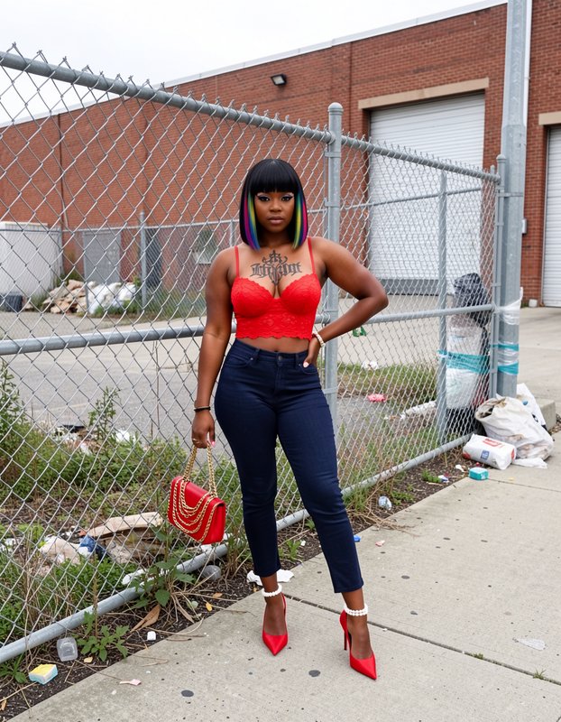 Confident Black woman with rainbow streaked bob poses outdoors wearing red lace crop top, dark je...