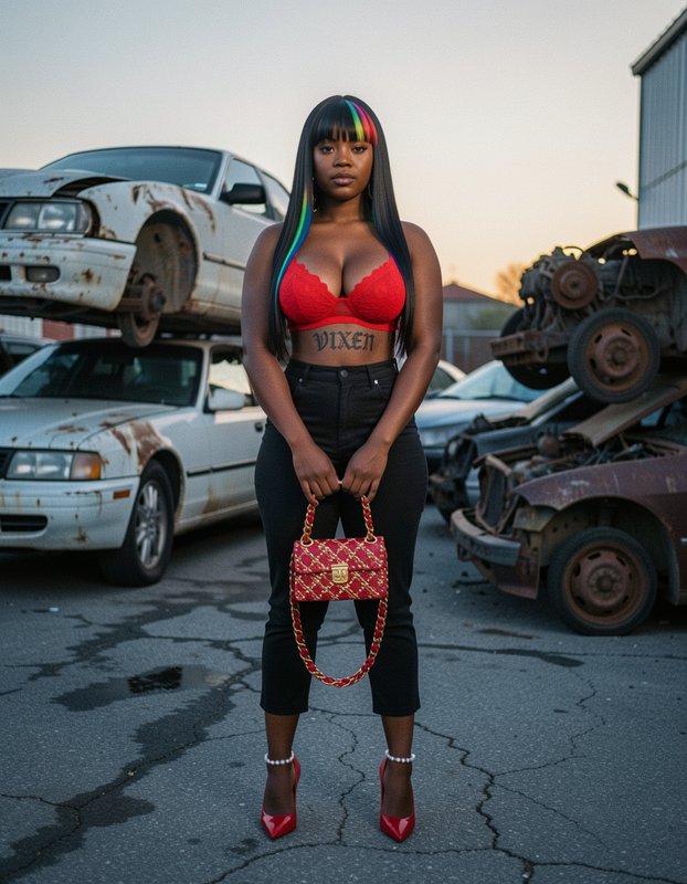 Stylish Black woman with rainbow hair streaks holds a red quilted handbag while standing in a rus...
