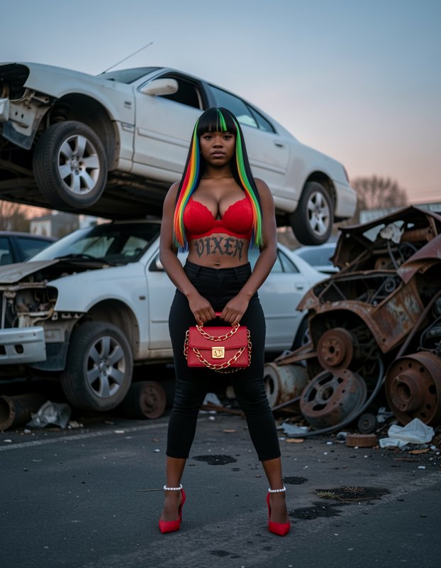 Stylish Black woman with rainbow hair stands in a junkyard holding a red handbag, stacked wrecked...
