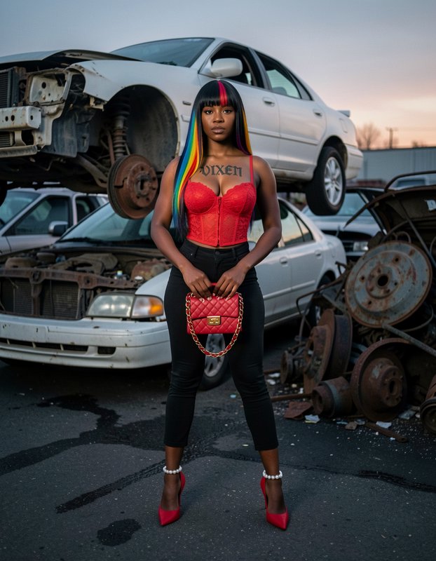 Stylish Black woman with rainbow streaked hair in a red corset poses in an auto junkyard at sunset