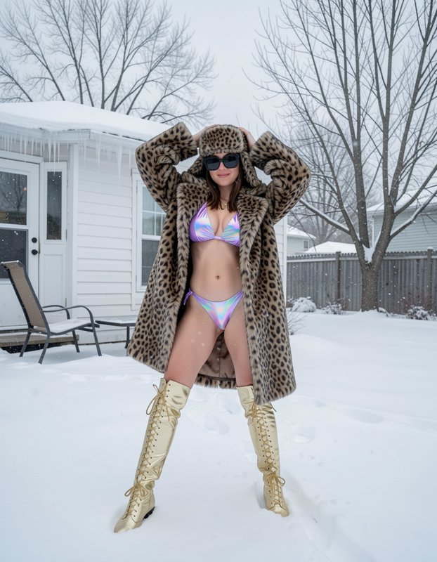 Woman in playful mismatched outfit stands in snowy suburban backyard, wearing a leopard fur coat,...