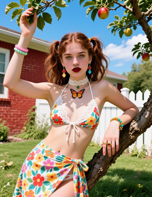 Young red-haired woman in retro floral swimwear posing against a fruit tree in a sunny suburban b...