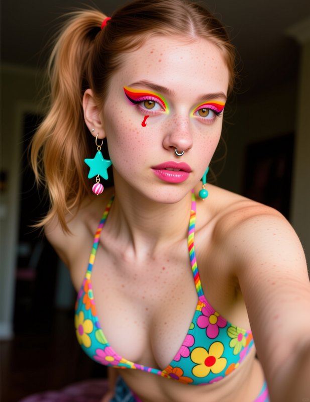 Close-up selfie of a freckled young woman with bold rainbow eyeshadow, star earrings, and retro f...
