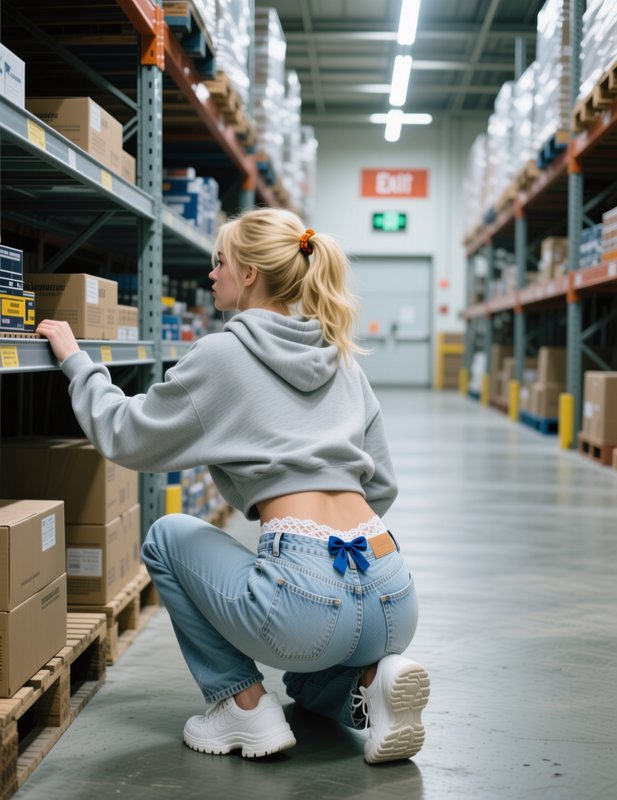 Young blonde woman kneeling to inspect stock on shelves inside a large industrial distribution wa...