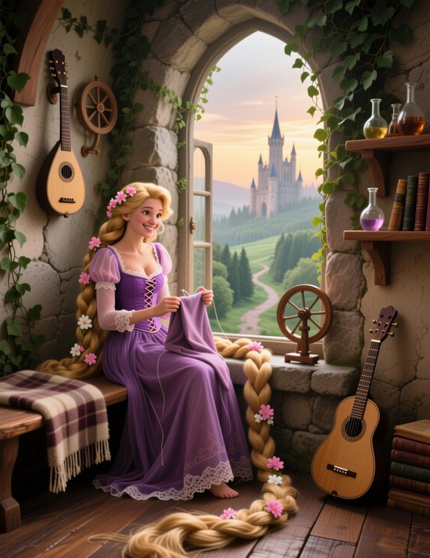 Rapunzel sits sewing on her tower window sill, her flower-adorned long braids spilling across the...
