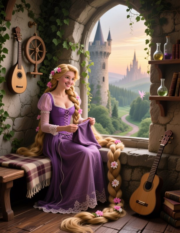 Rapunzel sits sewing by her arched tower window, her flower-dotted long blonde hair trailing to t...