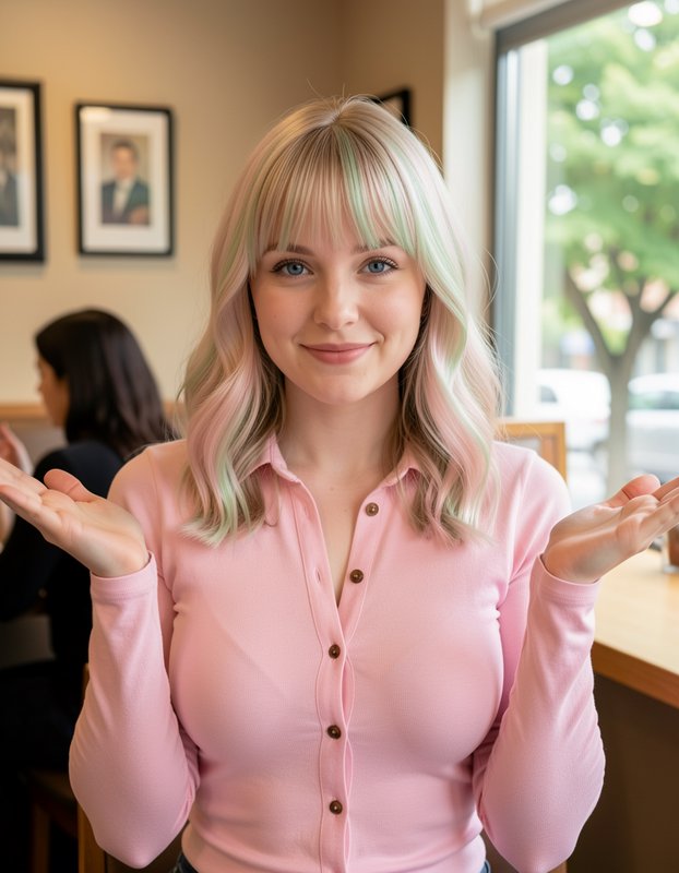 Young woman with pastel streaked hair shrugging gently while seated in a bright cozy cafe