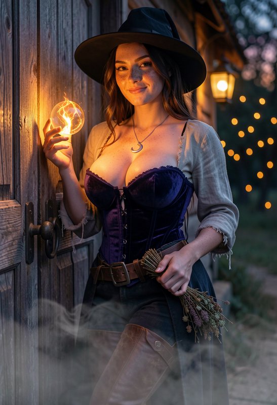 Smiling folk witch holding a glowing magic orb stands on a misty cottage porch at dusk
