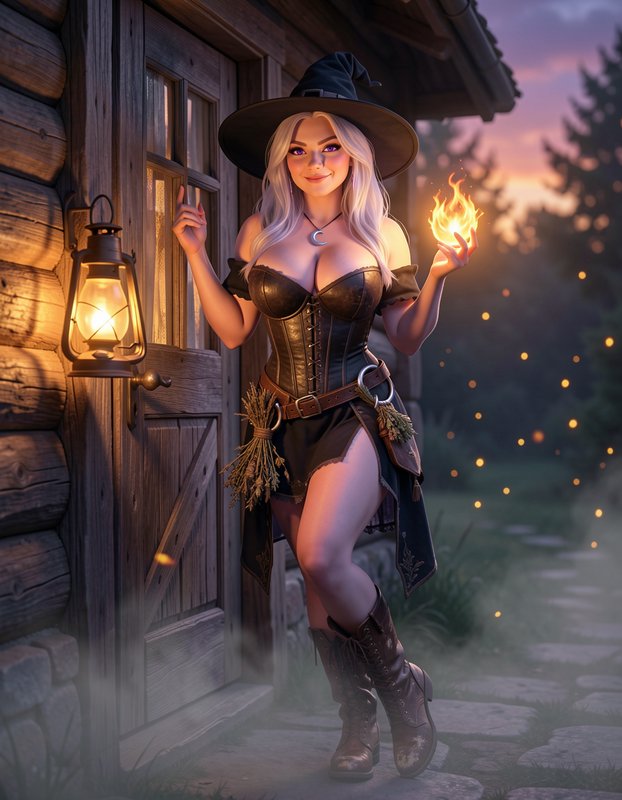 Smiling blonde witch holding a glowing flame stands outside a rustic log cabin at misty dusk