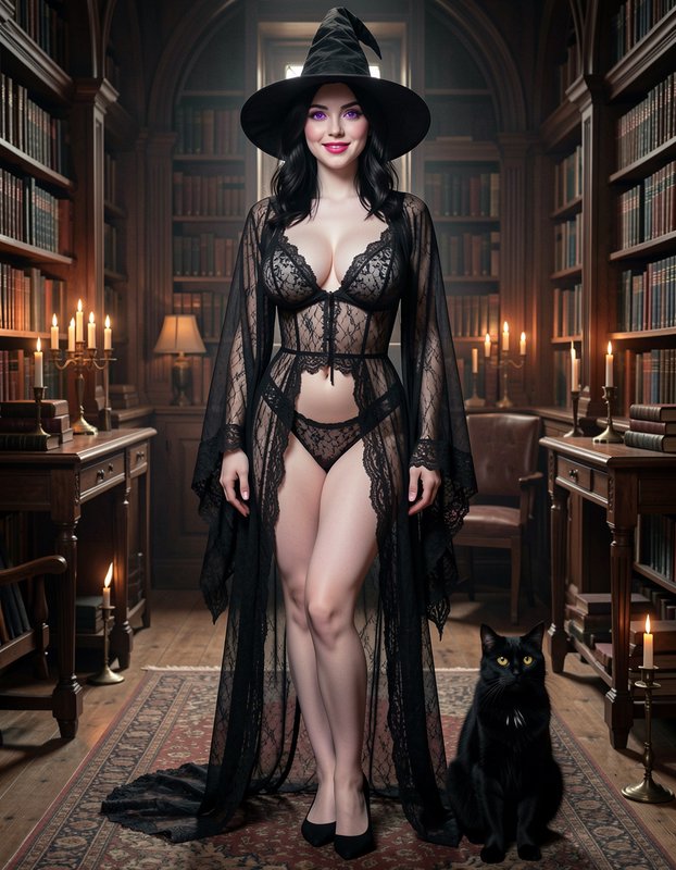 Beautiful witch in black lace and pointed hat stands beside a black cat in a candlelit vintage library