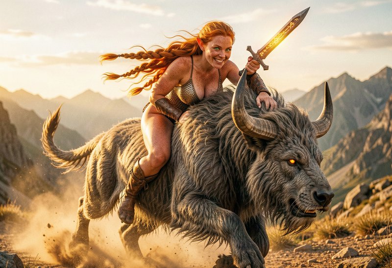 Grinning redheaded elven warrior rides a shaggy horned fantasy beast while holding a glowing rune...