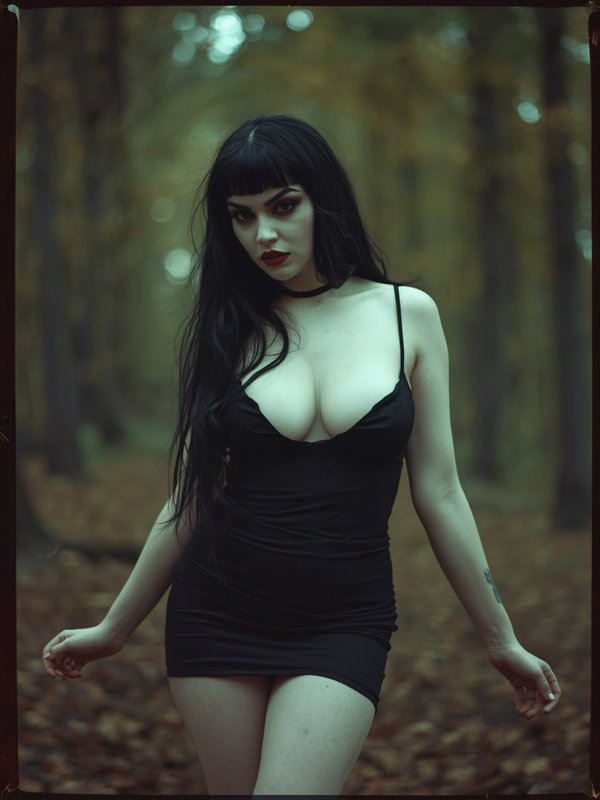 Gothic woman in a tight black mini dress standing in a misty autumn forest