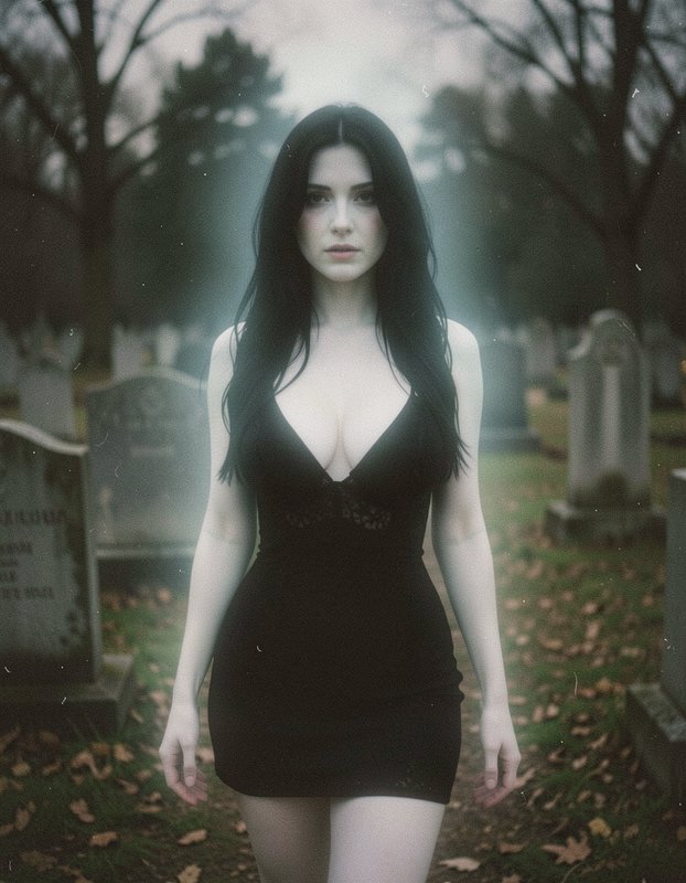 Pale long-haired woman in a short black dress standing in a foggy old cemetery