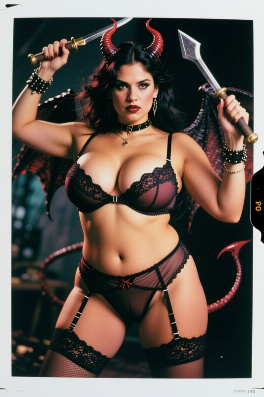 Curvy horned succubus in lace lingerie holds two daggers, posed with bat wings and devil tail