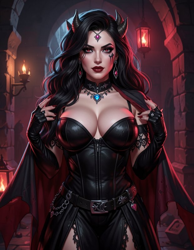 Horned tiefling woman in gothic leather stands in a torchlit medieval castle corridor