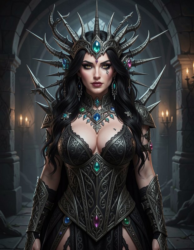 Dark fantasy queen wearing an ornate spiked gemmed crown stands in a candlelit stone castle archway