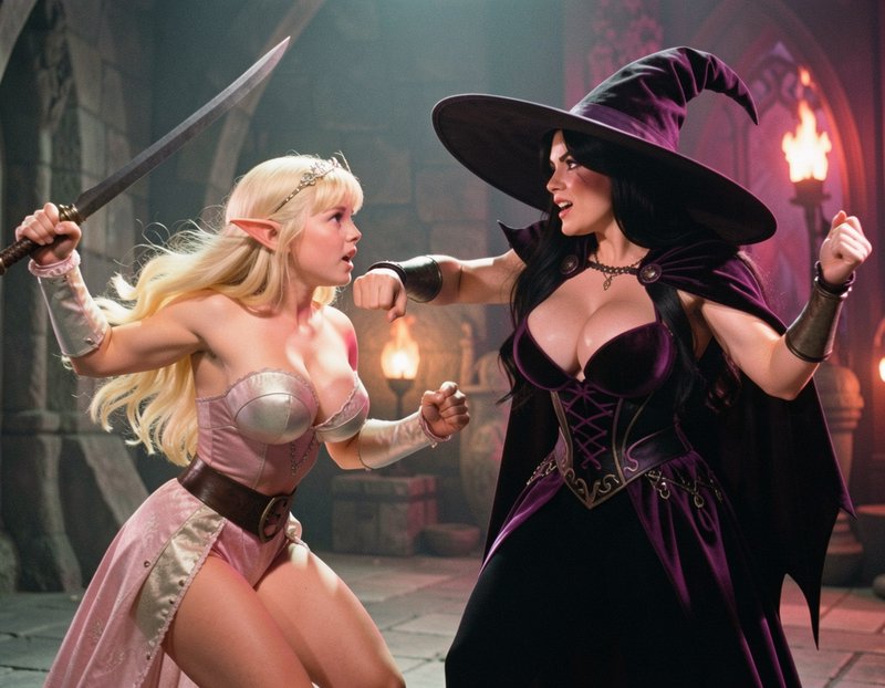 Blonde elven warrior holding a sword faces off against a dark witch in a torchlit stone castle ch...