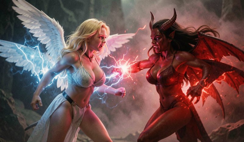 Winged blonde angel clashes with horned red demon woman as opposing blue and red lightning collid...