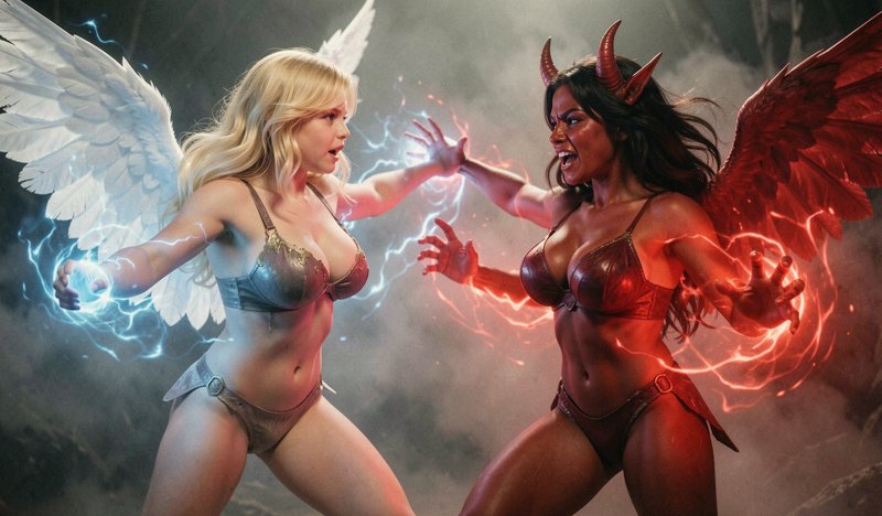 White winged angel and horned red demon woman clash mid-battle casting opposing glowing energy sp...