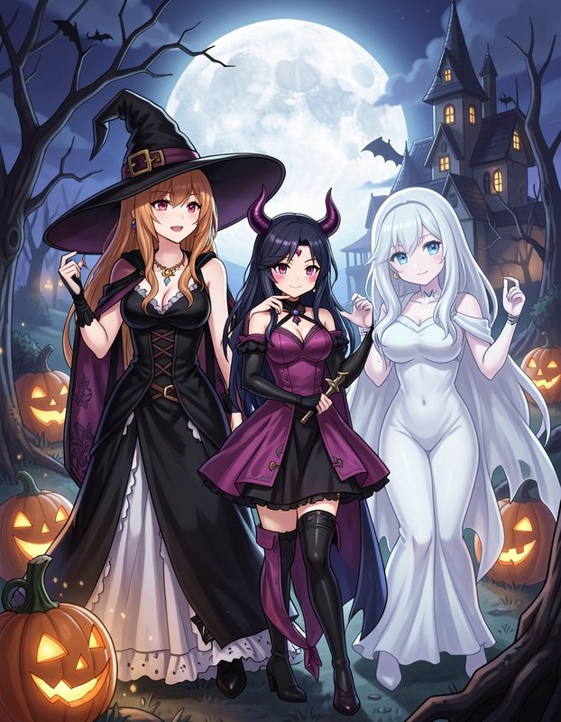 Three anime girls in Halloween costumes stand in a moonlit haunted yard with glowing jack-o-lanterns