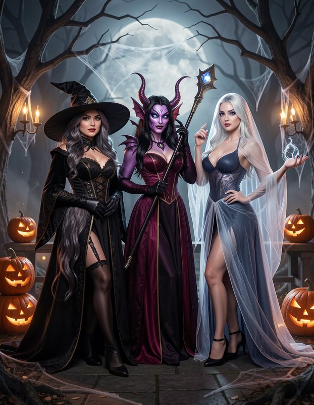 Three magical Halloween characters stand together in a spooky moonlit forest lined with glowing j...