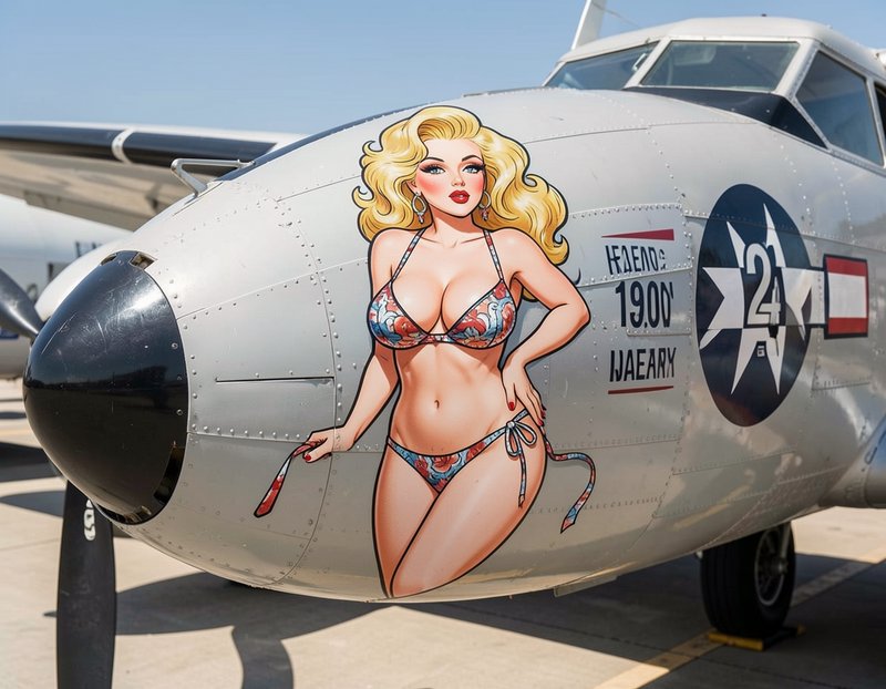 Retro blonde pinup nose art painted on the fuselage of a vintage silver propeller aircraft