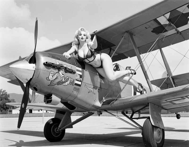 Blonde pinup model in lingerie posing atop a vintage nose-art biplane on a sunlit airfield tarmac