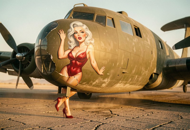 Surreal pinup nose art figure appearing to step out of a vintage WWII propeller bomber on an airf...