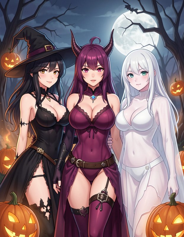 Three anime fantasy Halloween characters stand together in a moonlit spooky jack-o-lantern forest