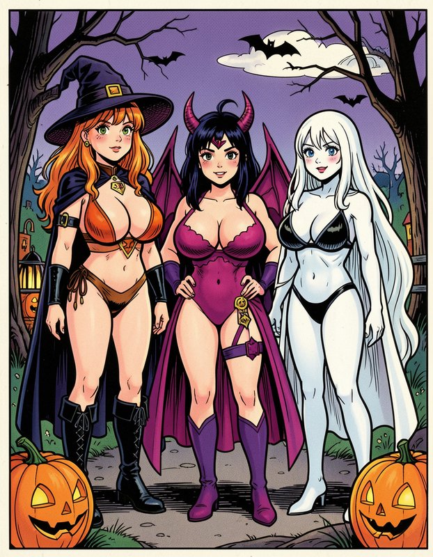 Three anime-style fantasy women in Halloween costumes stand in a spooky forest with jack-o-lanterns