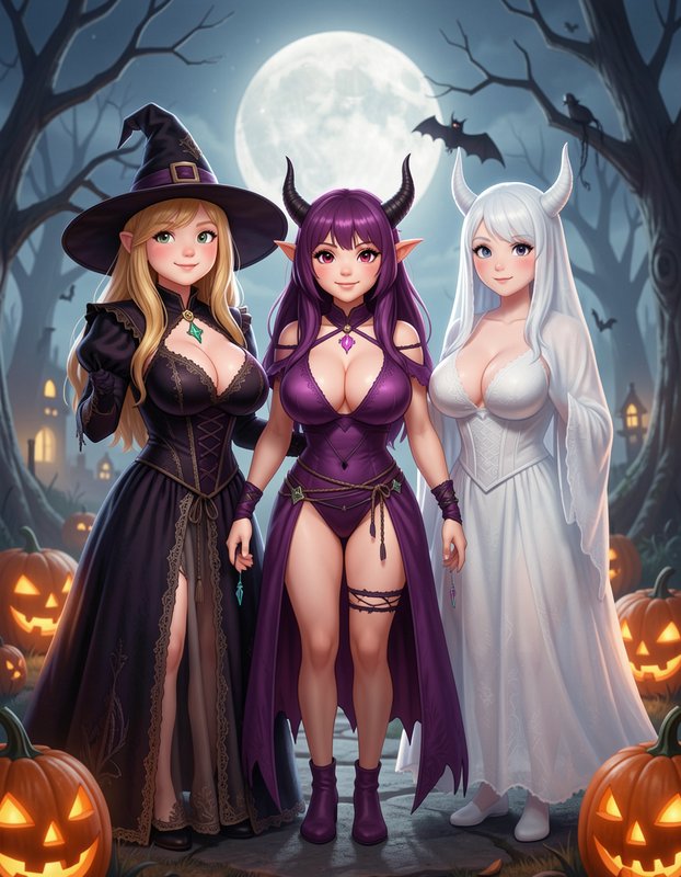 Three fantasy anime girls in Halloween costumes stand in a moonlit spooky forest surrounded by ja...