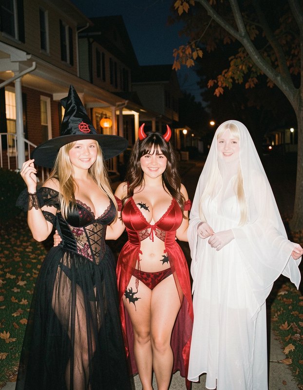 Three women in witch, devil, and ghost Halloween costumes pose on a residential sidewalk at dusk
