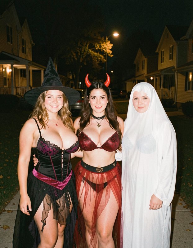 Three women in witch, devil, and ghost Halloween costumes pose on a suburban night street